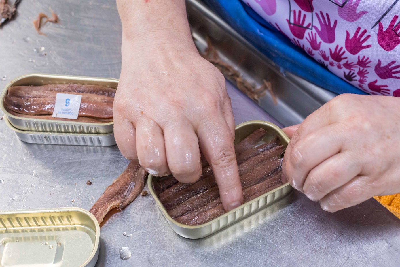 Una sobadora coloca con minuciosidad las anchoas en la lata de conserva