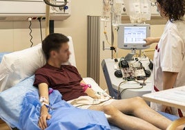 Un joven, conectado a la máquina, durante el proceso de donación de progenitores hematopoyéticos, que dura entre 4 y 5 horas.