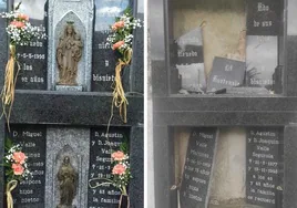 El antes y el después de una de dos de las lápidas asaltadas en San Cipriano, Beranga.