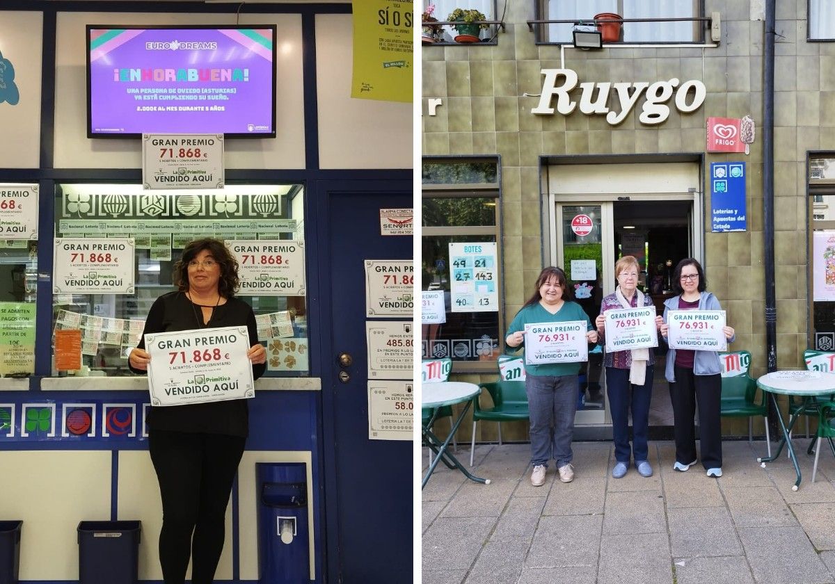 A la izquierda, Ana Gusano en la Administración número 7 de Torrelavega. A la derecha Marián Ruiz, Obdulia Gómez y Belén Ruiz del café Ruygo de Solares