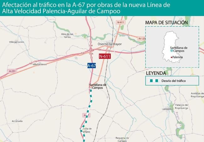 Mapa de la afectación del tráfico por las obras del AVE en la zona de Santillana de Campos.