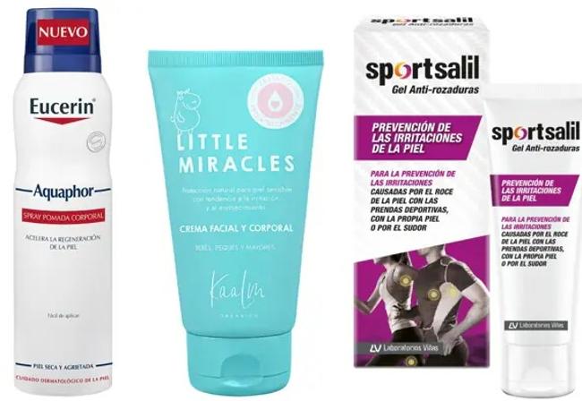 Varios de los productos de farmarcia ideales para combatir las rozaduras. De izquierda a derecha: Aquaphor Pomada Corporal en Spray de Eucerin; Little Miracles de Kaalm Organics; Sportsalil Gel Anti-Rozaduras de Laboratorios Viñas.