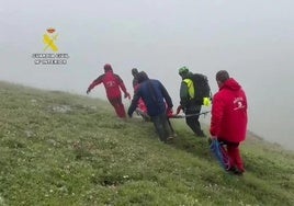 Efectivos de bomberos y agentes de la Guardia Civil portean el cadáver del hombre.