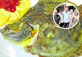 Rodaballo a la plancha. En el círculo, Pablo Aldonza, Ruda Alvarado, José Turrado, María Antonia Lorenzo y Melania Turrado.