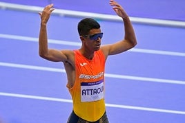 Mohamed Attaoui celebra que ya está en semifinales en los Juegos.