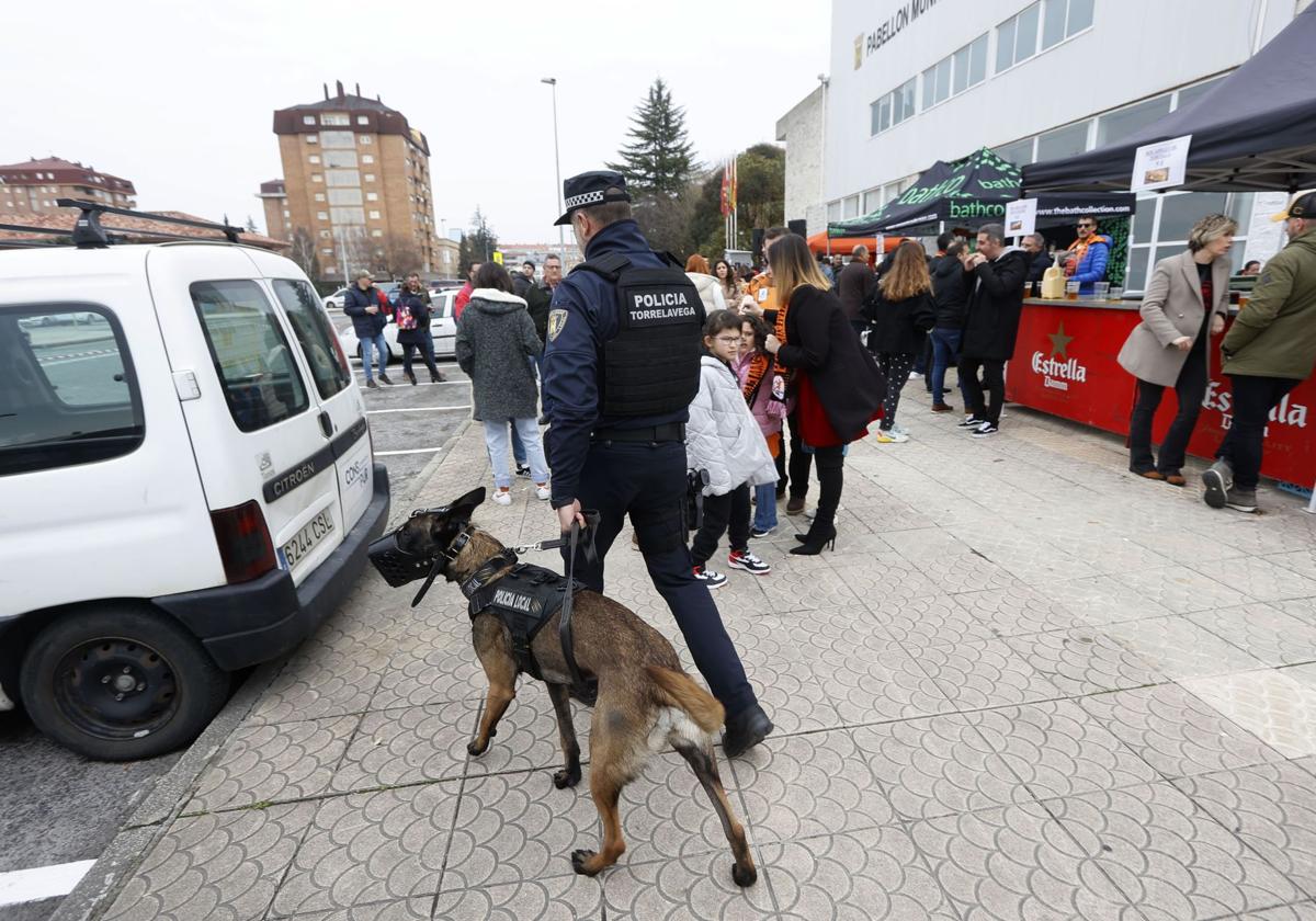 Un agente de la Policía Local de Torrelavega controla la seguridad en los accesos al pabellón Vicente Trueba, junto al perro Turko