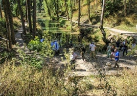 Una decena de turistas frente al nacimiento del Ebro, cubiertos por la vegetación de los alrededores del lugar.