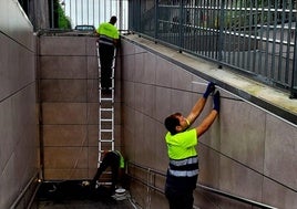 Un operario trabaja en la mejora de la iluminación del paso subterráneo del centro de Maliaño-Muriedas.