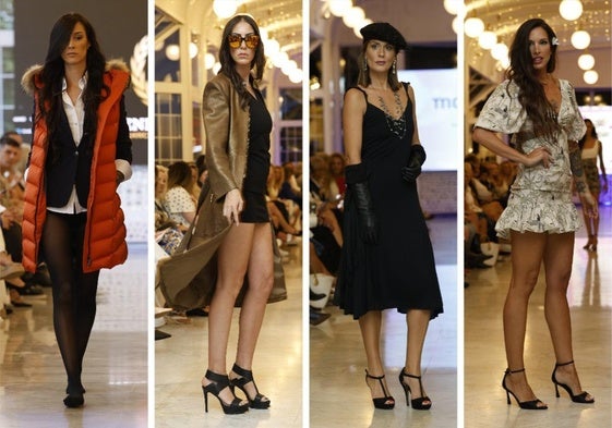 Las modelos Ariadna Vélez en el desfile de Henry Arroway; María Clara García, en el de Ramón Ezkerra; Sandra Veiga, en el de Moda re-; y Lucilia Fernández, en el de la firma colombiana Windom Bird.