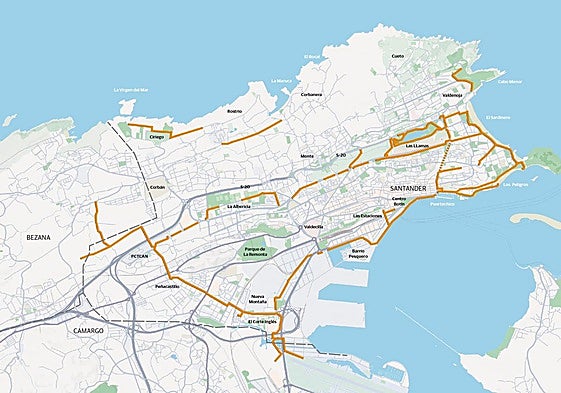 En naranja, los carriles bici en servicio.