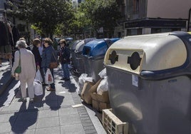 Varios contenedores con basura a su alrededor en la plaza de la Esperanza.