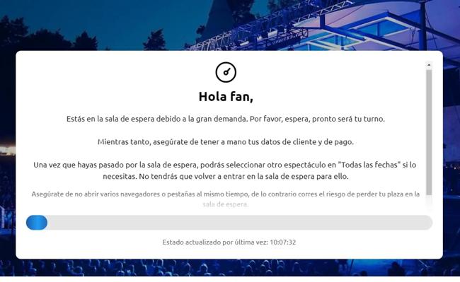 Mensaje de la cola virtual para la compra de entradas para el concierto de Bruce Springsteen