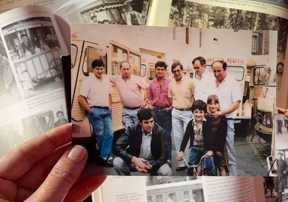 Montaje gráfico de la huella documental de los pasiegos que llevaron la tradición del helado a Francia. Imagen central, heladeros en Casa Ruiz, Cambrai.