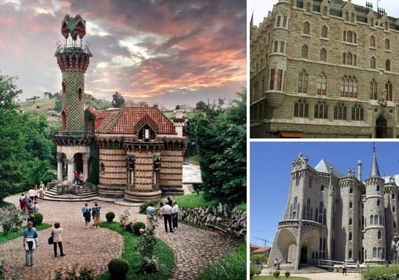 Capricho de Gaudí en Comillas, Palacio Botines en León (arriba, dcha.) y Palacio de Gaudía en Astorga (abajo, dcha).