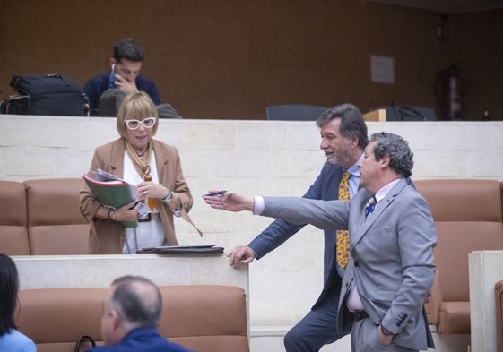 Cristóbal Palacio charla con el popular Íñigo Fernández durante el pleno del Parlamento. Al lado, su excompañera de Vox, Natividad Pérez