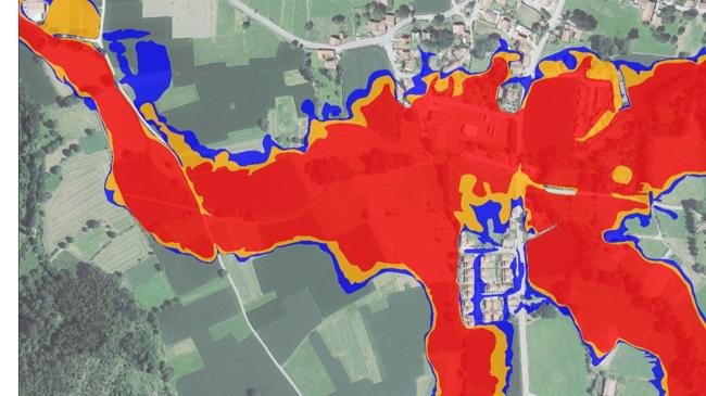 Imagen después - La zona roja equivale a un aréa probable de inundación. La amarilla, zona intermedia y la azul, con poca probabilidad.