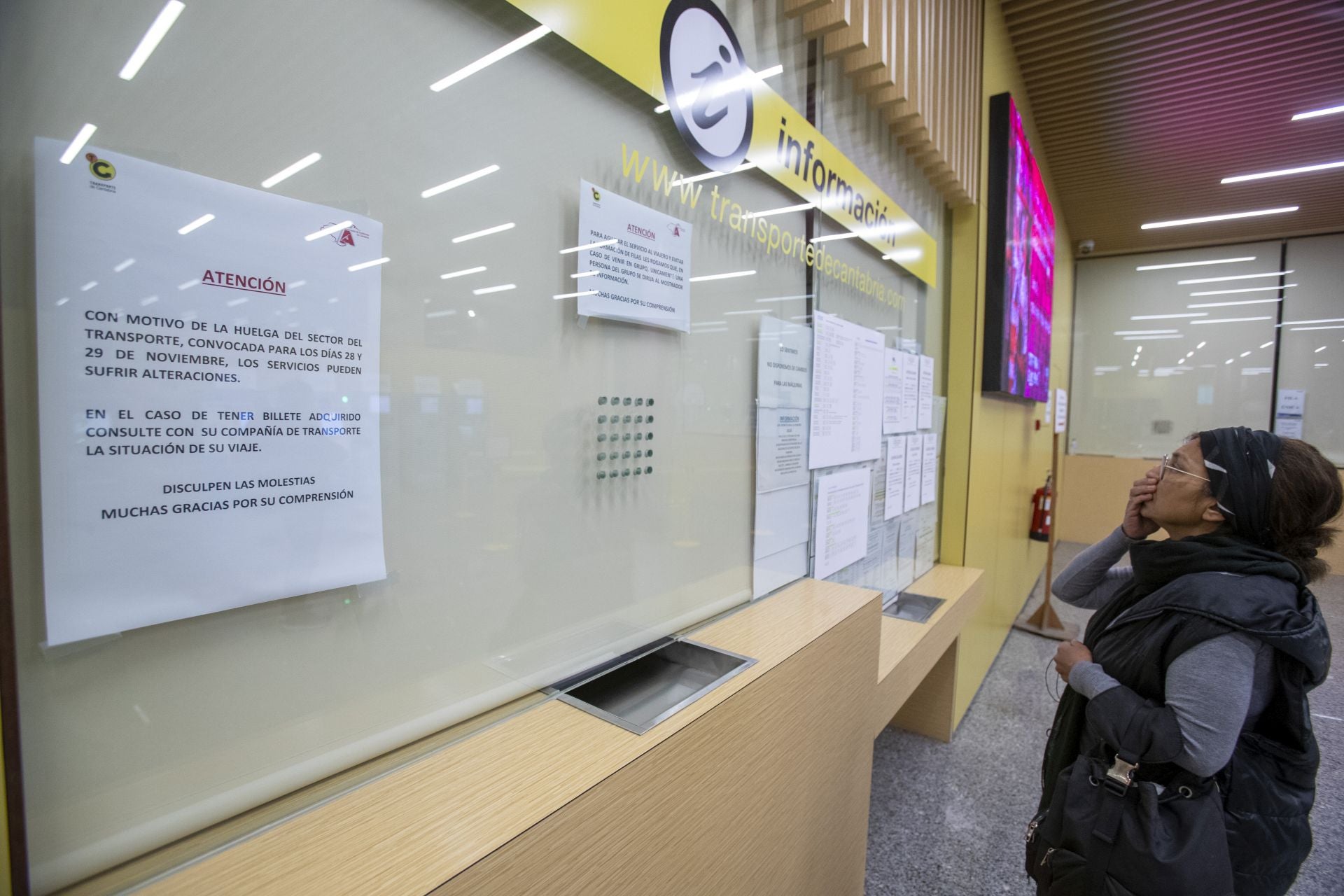 Una pasajera revisa con cierta preocupación los horarios de servicios mínimos en la estación de Santander. 