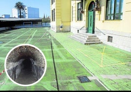 El patio del colegio público Menéndez Pelayo, con cintas delimitantes a raíz de las grietas. En detalle, acceso al túnel bajo el centro que ha sufrido el derrumbe.