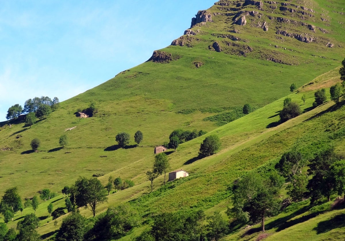 Cabañales dispersos en los montes del Miera y el Pas.