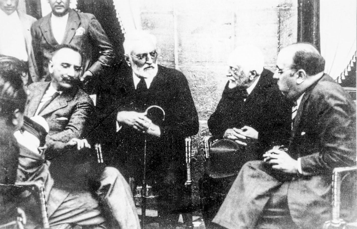 El general Queipo de Llano, Miguel de Unamuno, el Doctor Madrazo y José María de Cossío en Vega de Pas en 1930.