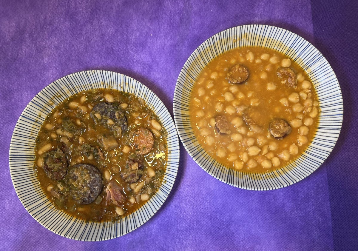 Imagen principal - Cocido montañés y garbanzos con chorizo; alubias blancas con almejas y callos y albóndigas de tudanca con carne de AgroCantabria.