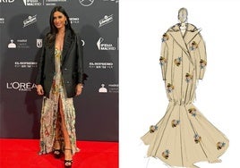 A la izquierda, Odette Álvarez en la fiesta oficial de la Mercedes-Benz Fashion Week Madrid celebrada este martes por la noche. A la derecha, boceto que ha trascendido de la nueva colección que presenta este sábado.