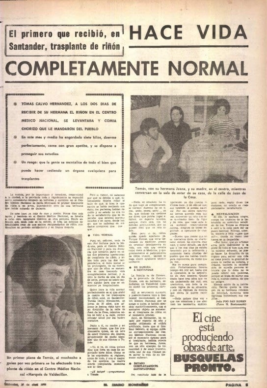 Información de El Diario Montañés sobre la evolución de Tomás Calvo, en abril de 1975