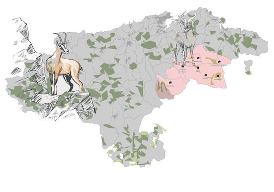 Mapa de Cantabria dónde hay población de esta especie en rojo.