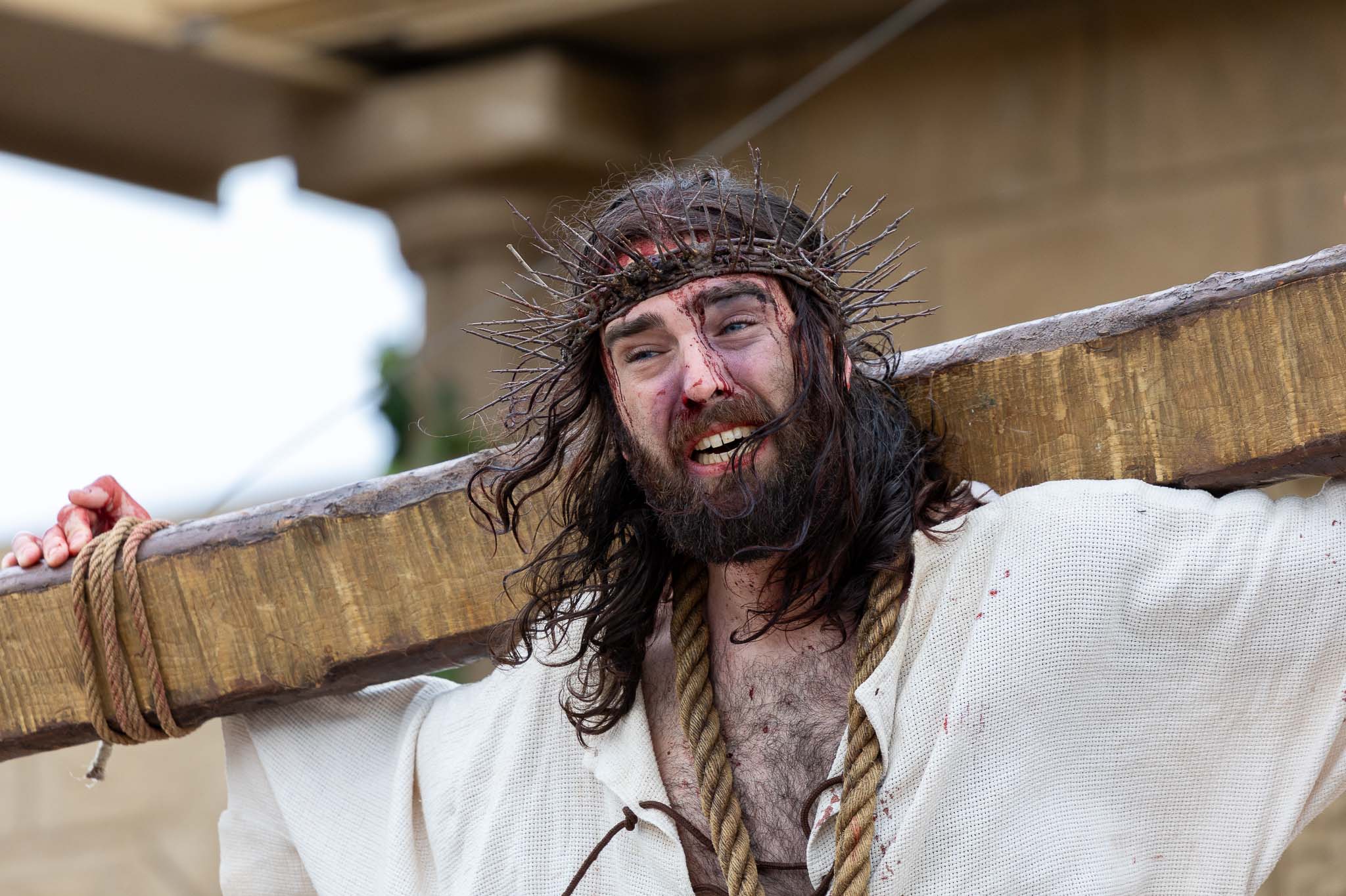 Detalle del rostro de Alejandro Calvo como Jesucristo.