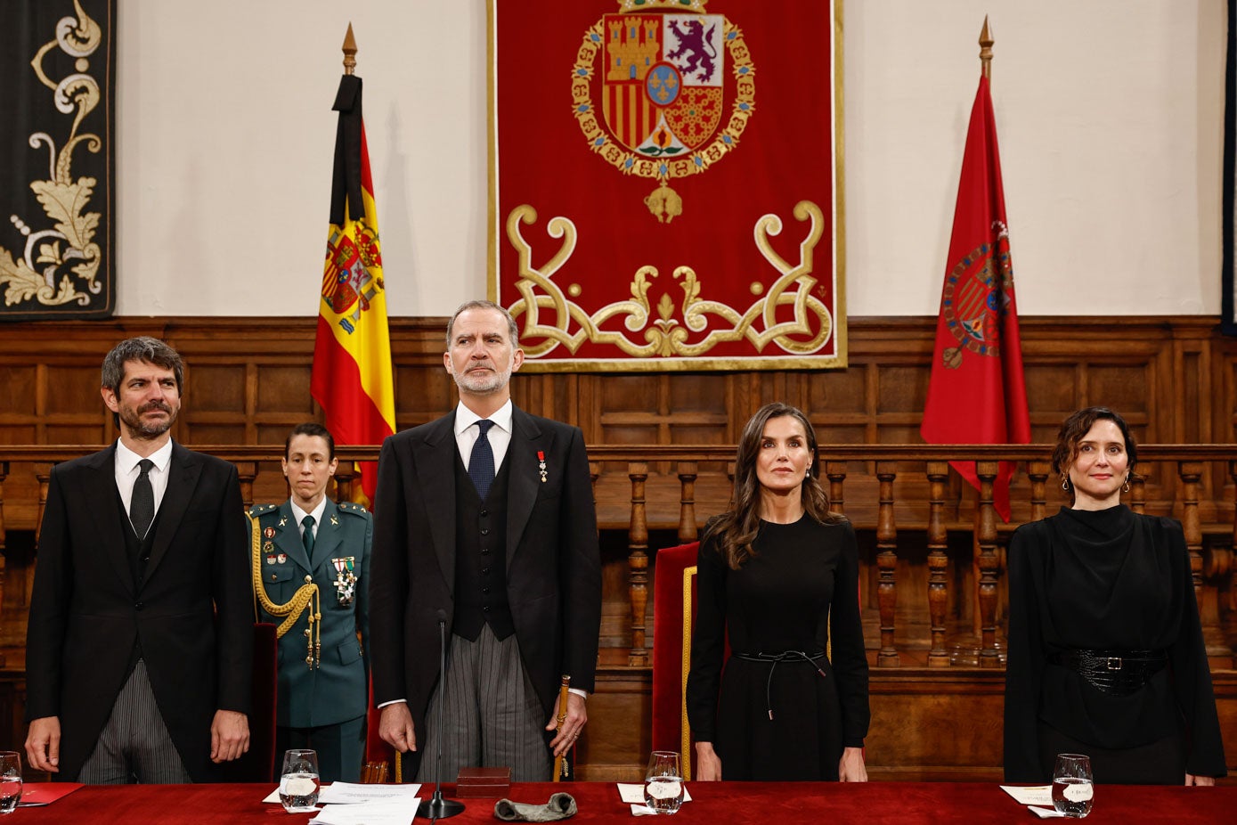 De izquierda a derecha: el ministro de Cultura, Ernest Urtasun; el rey Felipe VI; la reina Letizia; y la presidenta de la Comunidad de Madrid, Isabel Díaz Ayuso.