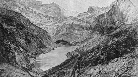 Imagen antes - El lago Ándara a la izquierda grabado de 1890 y en 2012.