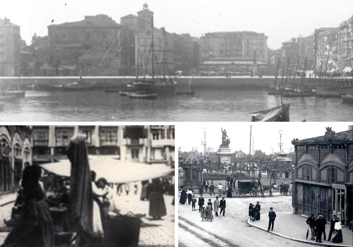 En estas imágenes, tomando como referencia la catedral nos ofrece una perspectiva muy característica de la ciudad. En un lugar de encuentro de los habitantes con el mar y el comercio, se podía encontrar mujeres que ya vendían pescado procedente de pequeñas embarcaciones y traineras que atracaban en la dársena. Eran puestos exteriores, ambulantes o improvisados que llamaban a autóctonos y forasteros.