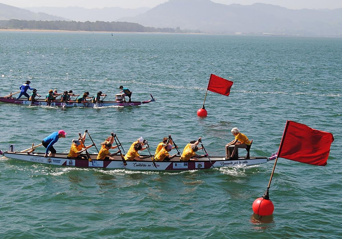 Los equipos Cantabria en Rosa y Estelas Rosas remando en sus barcos dragones en una de las tandas de regatas.