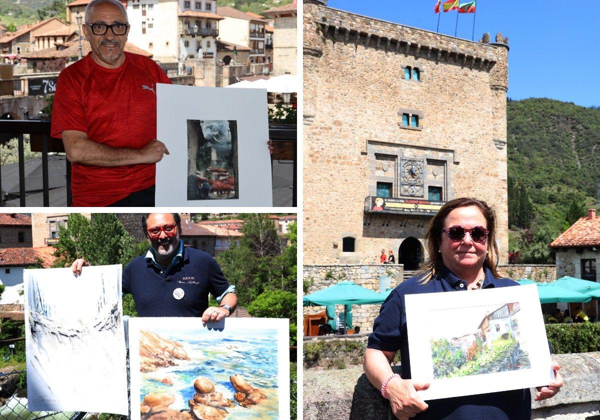 A la izquierda, arriba, Manuel Macías, de Huesca, con una acuarela de Mogrovejo. José Antonio Espinosa de los Monteros, de Barcelona, con dos acuarelas. Mamem Restegui, con el Barrio del Sol, de Potes.