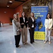 Rosa Martín, Rebeca Saavedra, Laura Recio, Conchi López, Gema Igual y Noemí Méndez, a mediodía, en el Paraninfo de la UC, en Santander.