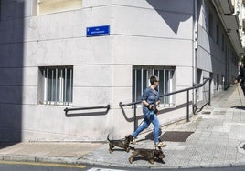 Una mujer camina junto a la nueva placa de la calle Alto de los Leoneses, que ahora se llama Benito Madariaga.