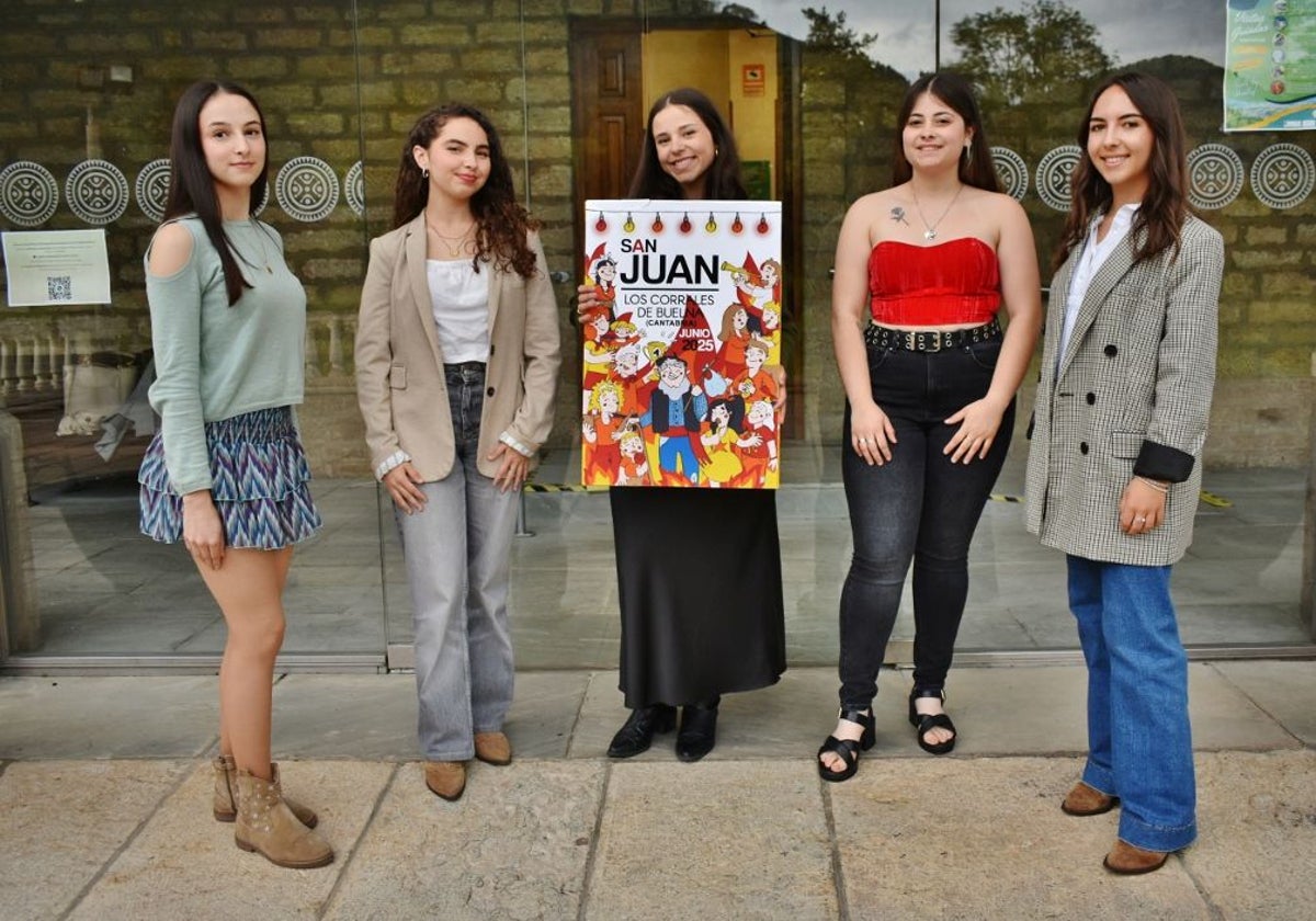 Corte de Honor de las fiestas de San Juan en Los Corrales con el cartel representativo.