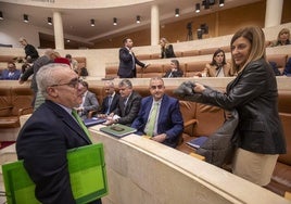 María José Sáenz de Buruaga (PP) habla con Pedro Hernando (PRC) en el Parlamento de Cantabria antes de un pleno.