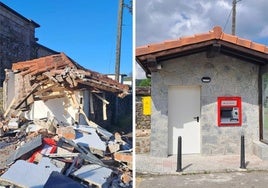 Estado en el que quedó el edificio del cajero el año pasado y estado actual del edificio reconstruído.