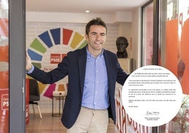Pedro Casares, en una fotografía de archivo en la sede del partido. A la derecha, parte de la carta firmada por el líder del PSOE en Cantabria.