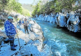 Un pescador lanza la caña en el río Pas a su paso por Puente Viesgo, en una imagen de inicio de temporada.
