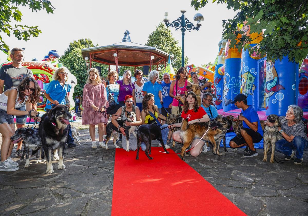 Familias, integrantes de Ayrecan y perros posan durante la jornada solidaria, ayer, en Torrelavega.