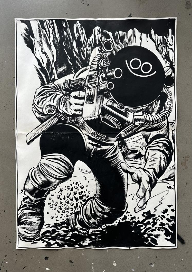Juan Díaz Faes presenta 'Tuesd attack', 2025 Tinta sobre papel envejecido.