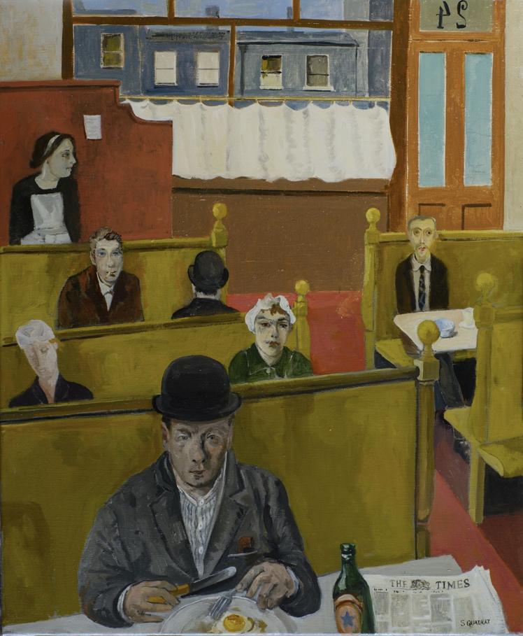 'Solitary Diners', 2025. Óleo sobre lienzo. Es obra de Simon Quadrat.