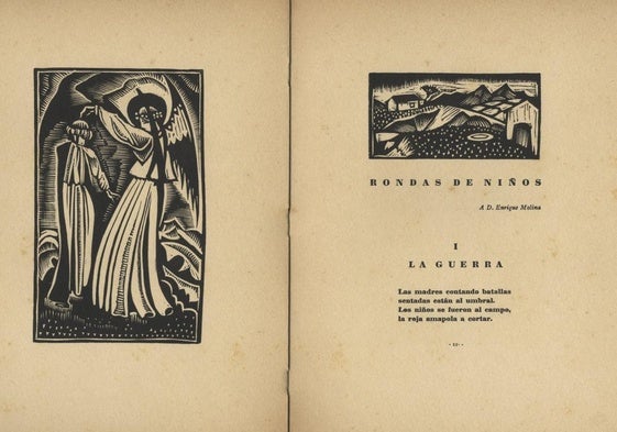 Ejemplar con notas. Cubierta y página doble interior del libro 'Ternura: canciones de niños', publicado en 1924 con ilustraciones xilográficas de Pancho Cossío.