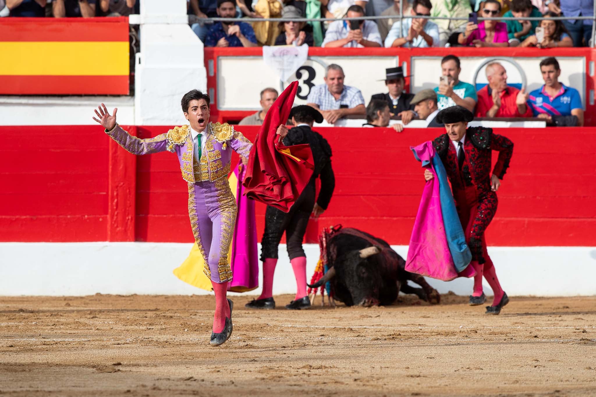El diestro salmantino en una muestra de euforia tras pasaportar al toro.