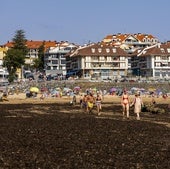 La playa de Trengandín, repleta del alga invasora asiática en la mañana de ayer, viernes.