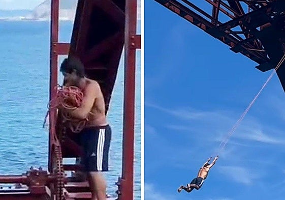 Momento en el que el 'influencer' recoge la cuerda del columpio desde el que saltó al agua.