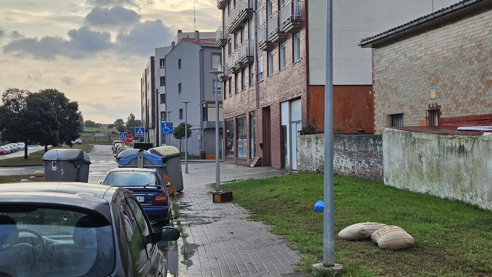 Los contenedores de basura, desplazados por el viento y la lluvia, en la zona de La Albericia