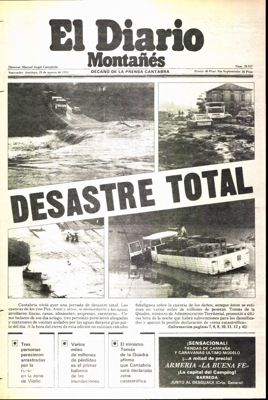 Portada de El Diario Montañés del 28 de agosto de 1983. Un día antes, Cantabria vivió la primera mayor inundación de su historia